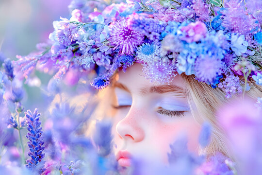 Girl in lavender field wearing flower crown, eyes closed