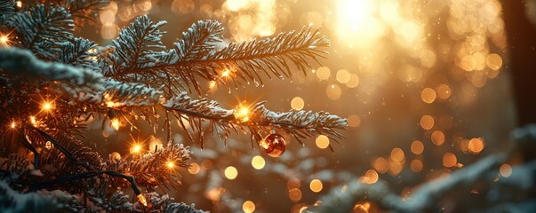 A beautifully decorated Christmas tree stands tall, adorned with twinkling multicolored lights that cast a warm glow. Shiny ornaments and a star topper complete the festive look.