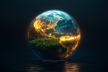Global economy economic growth inequality. Glowing Earth with illuminated continents and lush greenery