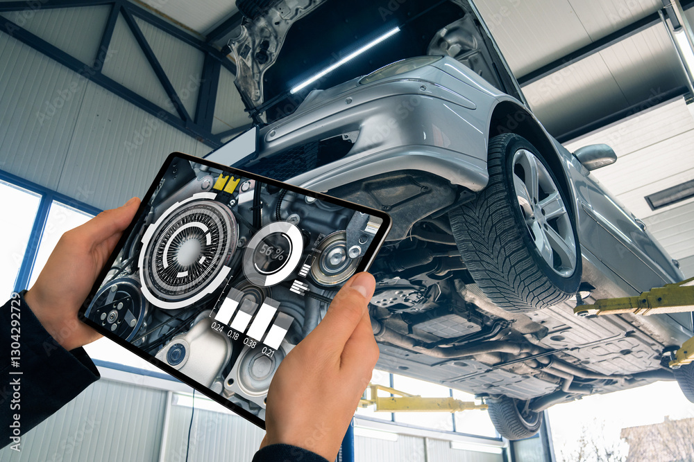 Aufkleber serviceman with laptop checks engine in car service augmented reality
