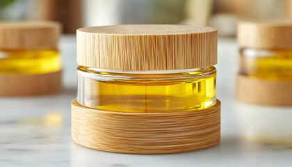 A stylish glass jar filled with golden oil, topped with a wooden lid, placed elegantly on a marble surface.