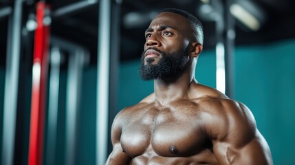 A muscular man with a well-defined physique and beard, posing confidently in a gym, showcasing strength and determination, embodying the essence of fitness and self-discipline.