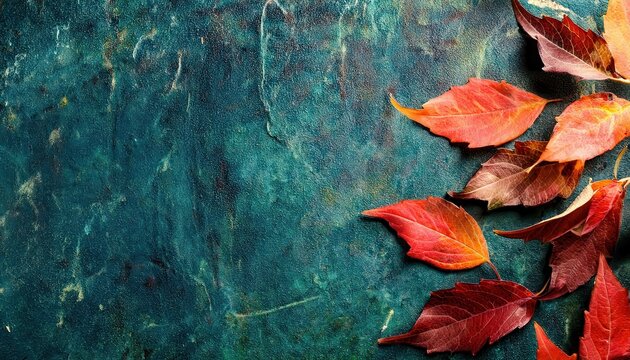 vibrant autumn leaves on textured dark teal background, artistic seasonal composition for elegant designs and atmospheric decor

