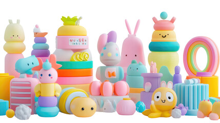 Fototapeta premium Colorful collection of playful soft toys displayed together in a vibrant array