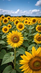 Obraz premium Yellow blooming sunflowers waved by wind grow in agricultural field. Cultivation of oil giving plants at picturesque farmland on summer day
