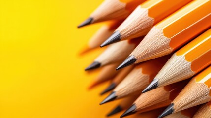 A vibrant close-up shot of neatly arranged orange and yellow pencils offers a striking visual, showcasing sharp tips against a vivid background, inviting creativity.