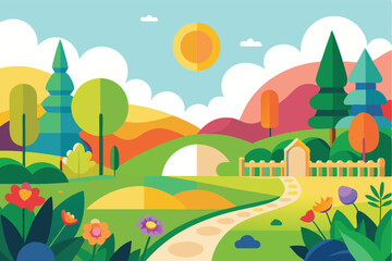 Naklejka premium Blank Nature Landscape Scene Vector. Cartoon background of pink sky. Fantasy landscape with cute nature objects Vector Hand Drawn Illustration Isolated On Transparent Background 