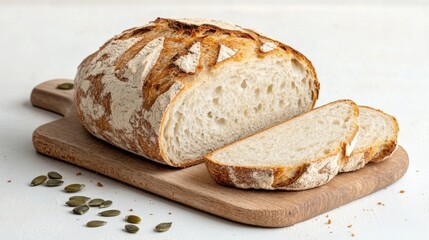 Naklejka premium A rustic bread loaf freshly sliced, revealing a soft interior filled with sunflower and pumpkin seeds