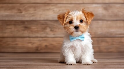 This beautiful Yorkie poses elegantly with a light blue bow tie, embodying charm and sweetness in a refined indoor setting, making it perfect for capturing the essence of love.