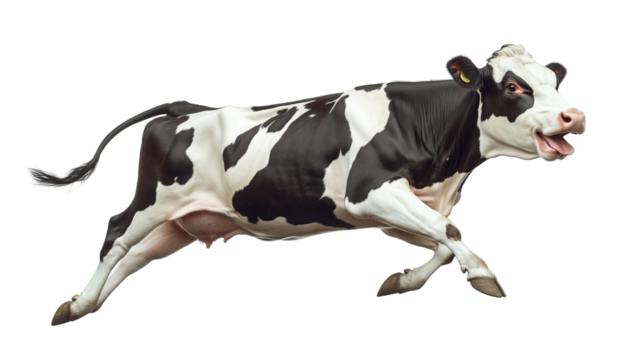 Happy cow joyfully running across a white background in a playful manner