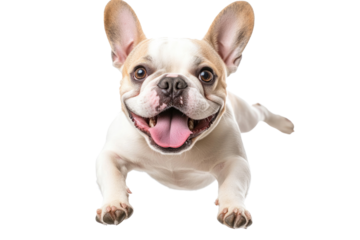 French bulldog joyfully jumping indoors with a bright smile and playful expression