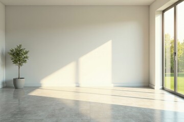 Sunlight Illuminates Empty Room with Minimalist Decor and Large Window Showing Lush Green Scenery