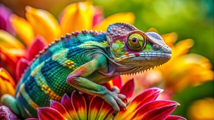 Obraz premium 4K Aerial View: Camouflaged Chameleon on Vibrant Flower, Color-Changing Reptile