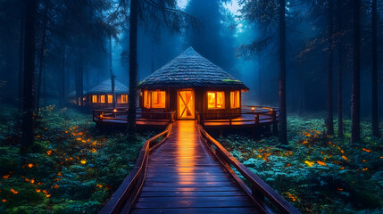 Illuminated forest cabins, night mist, wooden bridge