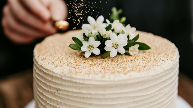 closeup of a cake with decorative flowers and hand sprinking seeds of cutivation.
