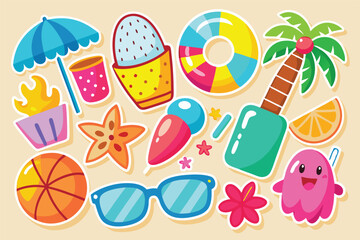 Set of summer elements. Cartoon beach, summertime symbols, cocktail, coconut, umbrella and slippers vector cartoon illustration isolated on white background