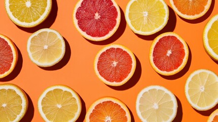 A collection of vibrant citrus fruits sliced in half, showcasing their bright interiors,
