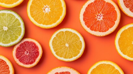 A collection of vibrant citrus fruits sliced in half, showcasing their bright interiors,