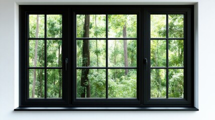 A panoramic view through a black-framed window revealing a serene and lush green forest, inviting the essence of nature indoors, ideal for relaxation and contemplation.