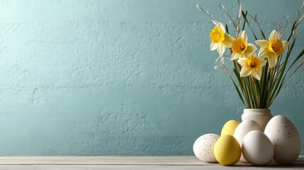 A charming rural composition of daffodils in a vase accompanied by colorful Easter eggs, representing the joy and freshness of spring in an artistic setting.