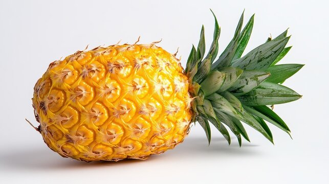 A vibrant yellow pineapple, its skin glistening with dew, sits proudly on a stark white backdrop, its green foliage adding a touch of tropical vibrancy.