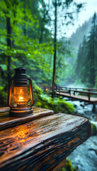 Lantern glows on rain-soaked forest table near bridge
