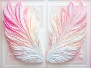 large peacock feathers are attached to the wall in the shape of a butterfly in pink and blue tones