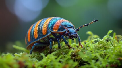 A miniature marvel, its striped shell shimmering like jewels and its textured body a canvas of intricate details, the pill bug, a creature of the forest, captivated with its unique beauty and