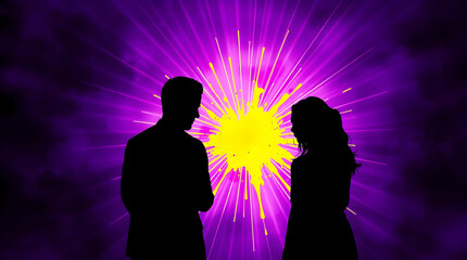 Silhouettes of a man and woman against a vibrant burst of purple and yellow light, creating a dramatic, abstract, and energetic scene.

