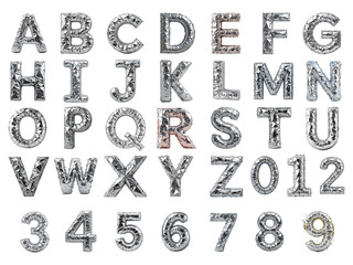 crumpled silver foil font style 3D rendering Letter 'A to Z' Isolated on png