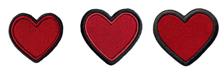 A Set of Embroidered Heart Patches with Bold Black Outline Isolated on Transparent Background