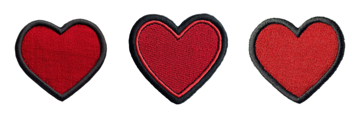 A Set of Stylish Red Heart Embroidered Patches with Black Outline Isolated on Transparent Background