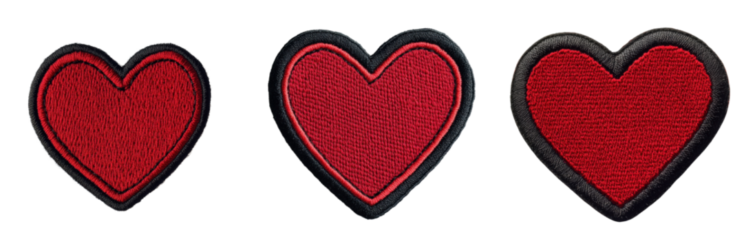 A Set of Embroidered Heart Patches with Bold Black Outline Isolated on Transparent Background