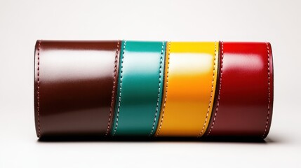 This image features a vibrant leather wallet showcasing a unique striped pattern with a mix of colors including brown, teal, yellow, red, and orange tones.