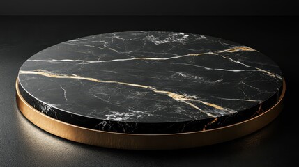 Obraz premium A sleek, circular platform, its surface adorned with black marble veins that intertwined like the arms of a mythical creature, and its top rim encrusted with gold accents, creating a sense of