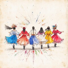 Fototapeta premium Vintage postcard illustration of Carnaval de Oruro with traditional dancers in muted pastel colors and hand-drawn textures
