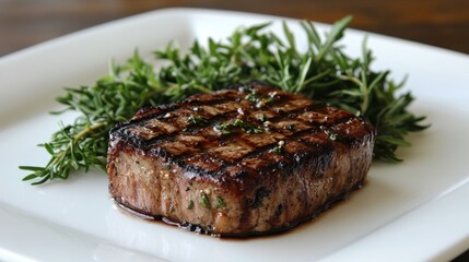 A sizzling steak, adorned with the elegant stripes of grill marks, nestled on a bed of vibrant herbs, promising a culinary symphony of flavor and texture.