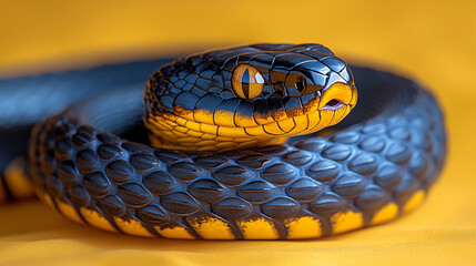Obraz premium Black snake with yellow markings coiled on golden background displaying striking eye and scales detail. Concept of wildlife photography, exotic reptiles, and natural beauty