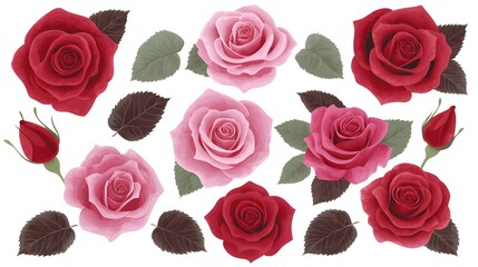 Variety of Colorful Roses with Green Leaves Arranged in a Beautiful Pattern