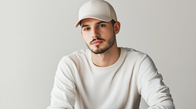 A stylish young man in a white cap and neutral casual clothing, ideal for fashion, branding, and apparel mockups.
