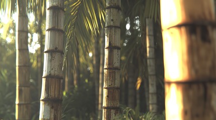 Tranquil Scene of Tall Palm Trees Bathed in Soft Morning Light in a Tropical Landscape
