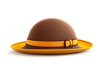 Woman's brown hat with yellow trim, studio shot, isolated on white