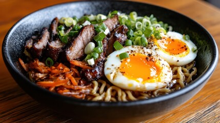 A flavorful bowl of ramen topped with juicy slices of meat, soft-boiled eggs, and fresh vegetables creating an inviting and satisfying meal.