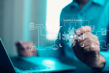 Fototapeta premium Supply Chain Management concept transportation and logistic suppliers, import export and transport industry. network distribution growth. container cargo ship and trucks of industrial cargo freight