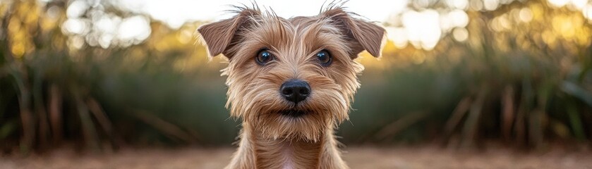 A curious golden retriever sits attentively, its bright eyes locked onto the camera, ears perked up in excitement, with a lush green park backdrop enhancing the cheerful scene.