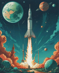 Obraz premium Space rocket launches from alien planet, sci-fi poster.
