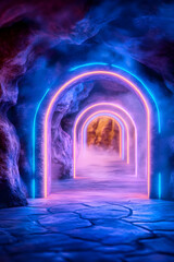 Neon arches illuminate a mystical cave passage