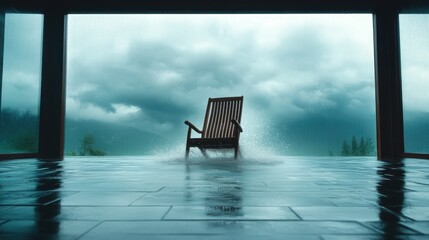 An isolated chair stands in a flooded space as rain falls relentlessly, evoking feelings of solitude and introspection while creating a dramatic mood and atmosphere.