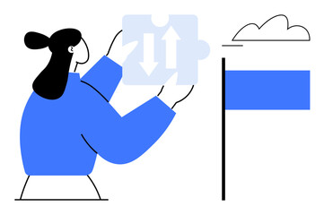 Woman placing puzzle piece with up and down arrows near goal flag, representing strategic planning, teamwork, problem-solving, growth, achievement, guidance, and alignment. Modern flat simple
