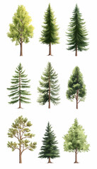 Nine diverse tree types illustrated against white